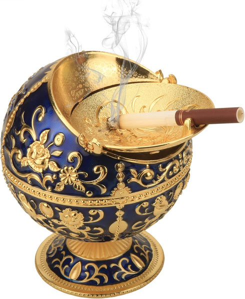 Pterosaur Windproof Ashtray with Flip Lid for Cigarette Metal Portable Smoking Tobacco Ashtray Indoor Outdoor, Handicrafts Rose Pattern Classy Gift for Women Men (Navy Blue-Golden)