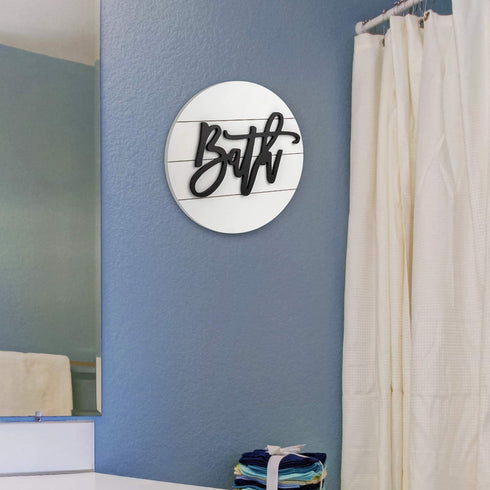 Modern Rustic 3D Bath Sign,Shiplap Farmhouse Bathroom Round Sign for Wall Hanging Decor, Handcrafted œBath? Sign Home Wooden Sign (White)