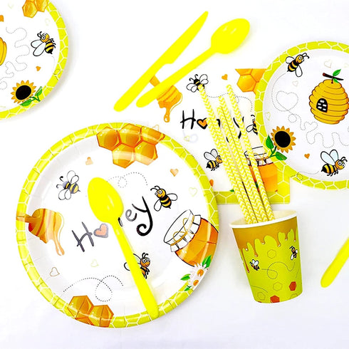 Bee Themed Party Supplies,Bee Party Tableware Set for Kids Girls Honey Butterfly Birthday Decorations, Includes Plates Cups Napkins Straws Utensils Serves 16 Guests