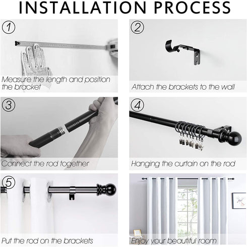 Curtain Rods for windows,1" Diameter Metal Single Splicing Adjustable Curtain Rod set with Brackets (Black, 30-90")