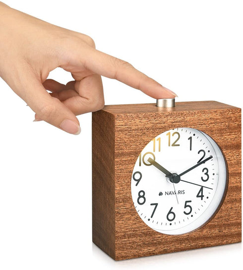 Navaris Wood Analog Alarm Clock - Square Battery-Operated Non-Ticking Clock with Snooze Button and Light - Dark Brown