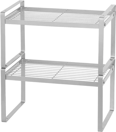 NEX Kitchen Shelf Organizer for Cabinet Counter Cupboard Pantry, Stackable & Expandable - Set of 2 - Silver