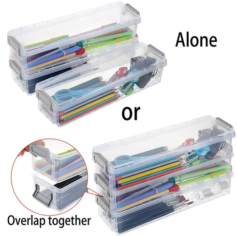 BTSKY Long Plastic Stackable Box Home, Office Supplies Storage Organizer Box Pencil Box Plastic Organizer Holder for Gel Pens Erasers Tape Pens Pencils Markers etc- 3 Pack - Clear with Grey Clip