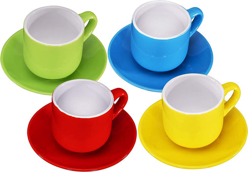 Espresso Cups with Saucers by Bruntmor - 4 ounce - Multi-Color, Chip Resistant, Stackable Set of 4, Perfect for Home and Office