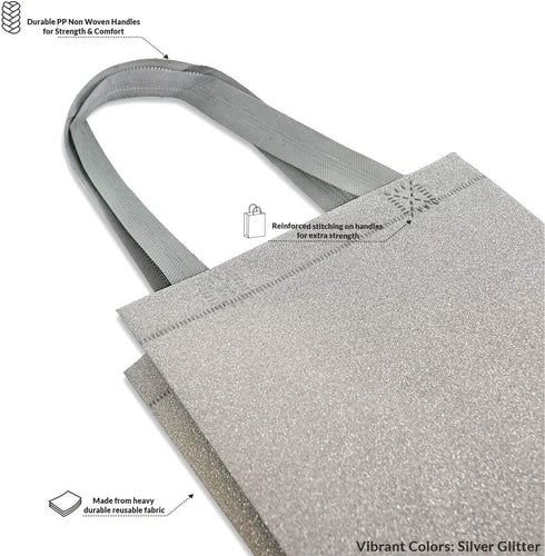 Silver Gift Bags - 12 Pack Medium Silver Reusable Gift Bag Tote with Handles, Glitter Metallic Bling Shimmer, Eco Friendly for Kids Birthdays, Bridesmaids, Party Favors, Grocery Shopping - 8x4x10