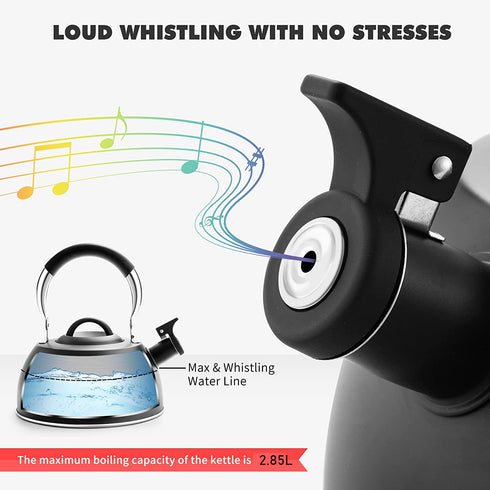 Suyika Tea Kettle Stovetop 3 Quart Stainless Steel Whistling Tea Pots for Stove Top with Cool Touch Ergonomic Handle Teapot - Black