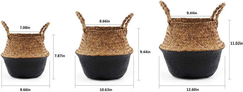 BlueMake Woven Seagrass Belly Basket for Storage, Laundry, Picnic, Plant Pot Cover, and Grocery and toy storage (Medium, Black)