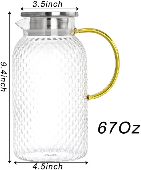 SOUJOY 67 Oz Glass Pitcher, Water Pitcher with Stainless Steel Lid, Heat Resistant Borosilicate Carafe, Ice Tea Pitcher for Homemade Beverage, Milk, Coffee, Serving Wine, Hot/Cold Water