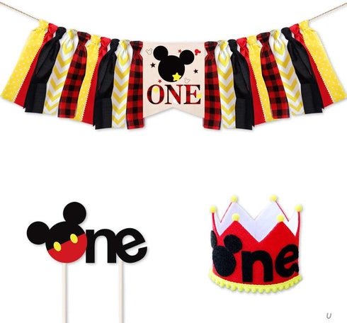 Awyjcas Mickey Mouse 1st Birthday Banner, Handmade First Birthday Highchair Banner Photo Props Party Decorations Supplies Mickey Mouse Cake Topper Hat 3 Pcs