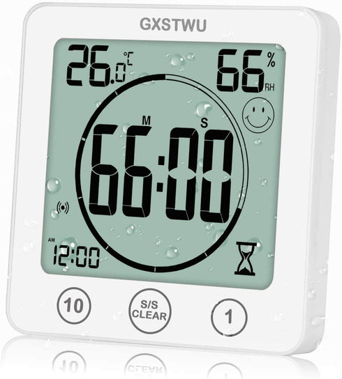 HD Digital Shower Clock with Timer Thermometer Hygrometer?Waterproof for Water Spray? Touch Button Bathroom Kitchen Wall Clock with Magnet, Suction Cup, Hanging Hole, Stand GXSTWU(1pack)