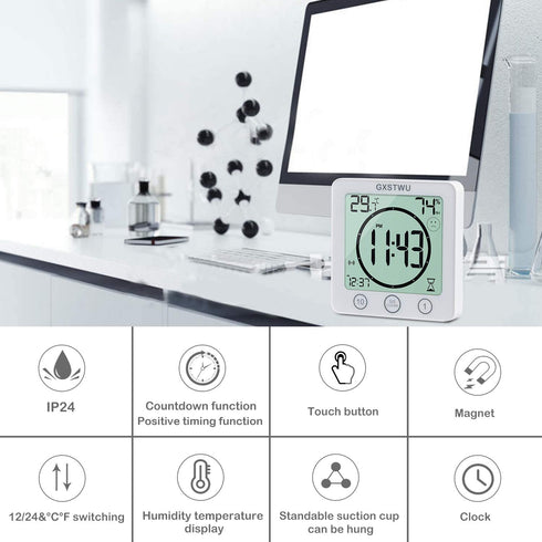 HD Digital Shower Clock with Timer Thermometer Hygrometer?Waterproof for Water Spray? Touch Button Bathroom Kitchen Wall Clock with Magnet, Suction Cup, Hanging Hole, Stand GXSTWU(1pack)