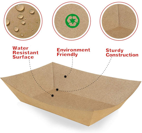 Eupako Paper Food Trays 3 Lb Capacity Disposable Kraft Paper Food Serving Tray Grease Resistant Boat (Brown, 100 Pack)