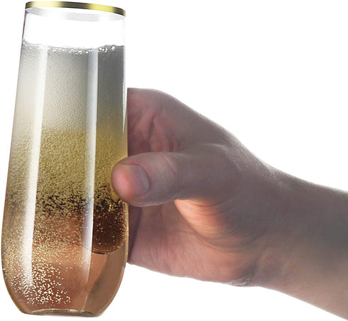36 Pack Plastic Stemless Champagne Flutes, 9 oz Clear Drinking & Toasting Glass with Elegant Gold Rim, Disposable Drinkware for Wine, Cocktails, Sparkling Water, Mimosas