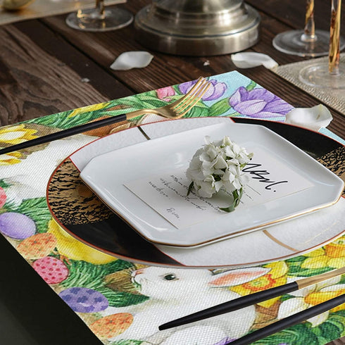 Spring Easter Placemats Set of 4 for Dining Table Egg Bunny Rabbit Tulips Washable Woven Vinyl Placemat Non-Slip Heat Resistant Kitchen Table Mats Easy to Clean
