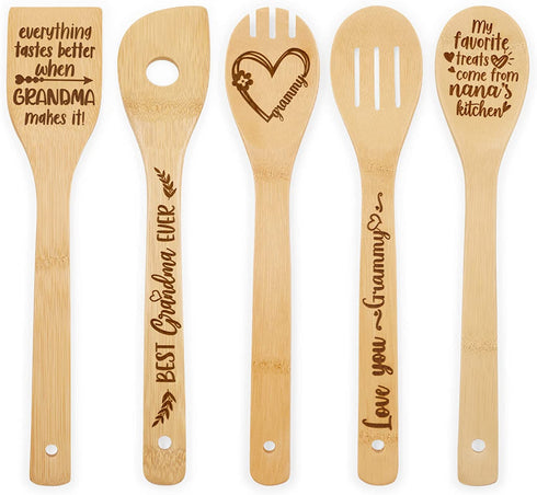 5PCS Grandma Gifts Wooden Spoons Mother's Day Thankful Christmas Birthday Gifts Nana Non-Stick Organic Bamboo Kitchen Cooking Spatula Laser Engraved Wooden Utensils for Grandparent's Day