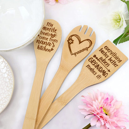 5PCS Grandma Gifts Wooden Spoons Mother's Day Thankful Christmas Birthday Gifts Nana Non-Stick Organic Bamboo Kitchen Cooking Spatula Laser Engraved Wooden Utensils for Grandparent's Day
