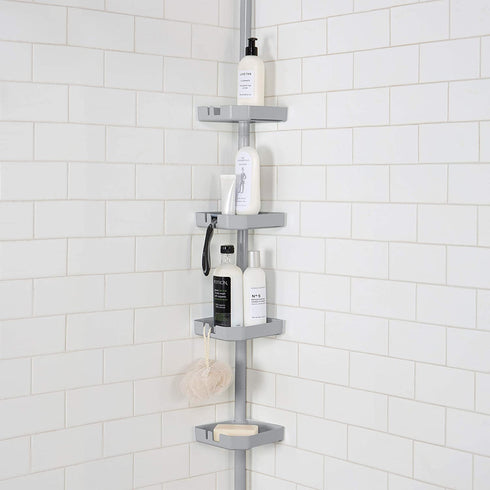 Bath Bliss 4 Tier Tension Corner Organizer Caddy, Shower Shelves, Good for Bathtubs & Shower Stalls, Holds Large Bottles, Soap, Washcloths, Grey