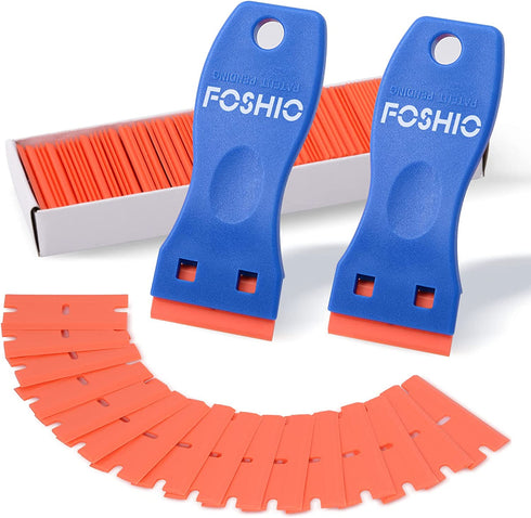 FOSHIO Plastic Razor Blade Scraper Include 2PCS Scraper Tool and 100PCS Blades for Gasket Remover, Labels Decal and Adhesive Remover for Windows and Glass,Blue