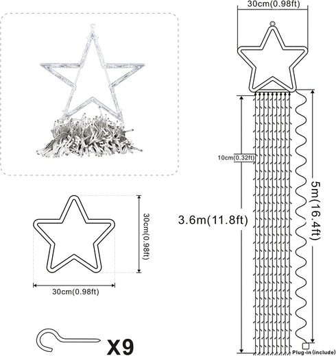 Outdoor Christmas Decorations Star Light,11.8 ft 344 LED Waterfall Tree Lights with Topper Star String Lights Plug in ,8 Lighting Mode Christmas Star Lights for Party Home Holiday Decor(Cool White)