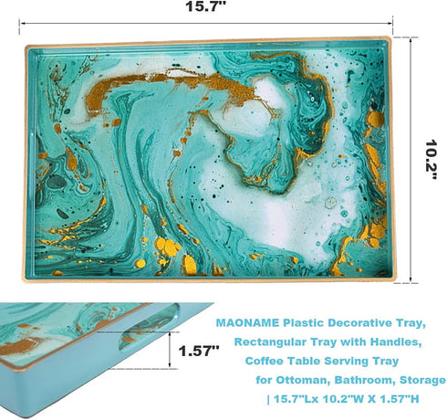 MAONAME Plastic Decorative Tray, Rectangular Marbling Tray with Handles, Coffee Table Serving Tray for Ottoman, Bathroom, Storage | 15.7" Lx 10.2" W X 1.57" H