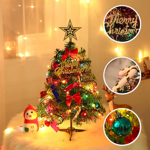 2Pc Mini Christmas Tree 20in &12in Tabletop Mini Xmas Tree Set with Lights,DIY Artificial Christmas Small Tree with Hanging Ornaments for Bedroom Dining Table Christmas Decor (A+B)