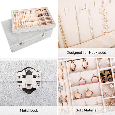 Mebbay 2 Layer Velvet Jewelry Box Organizer for Women Girl, Jewelry Box with Removable Tray for Necklace Stud Earrings Bracelets Rings (Grey), 11.2" x 7.9" x 3.1"
