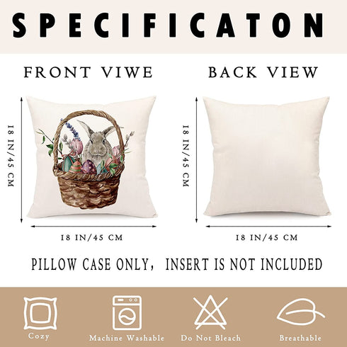 AOKE Set of 4 Easter Throw Pillow Covers 18 x 18 Inches, Rabbit Bunnies with Eggs Cotton Linen Pillow Case, Spring Season's Sofa Bed Throw Cushion Cover Decoration