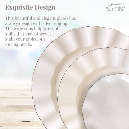 PARTY DISPOSABLE 30 PC DINNERWARE SET | 10 Dinner Plates | 10 Salad Plates | 10 Dessert Plates | Heavyweight Plastic Dishes | Fine China Look | Upscale Wedding and Dining (Veil Collection - Ivory)