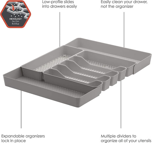 Spectrum Diversified Hexa 6-Divider Silverware Buildup-Resistant Drawer Organizer & Utensil Holder with Locking Expandable Wings, Easy-to-Clean Modern Kitchen Storage & Cutlery Tray, Stone Gray