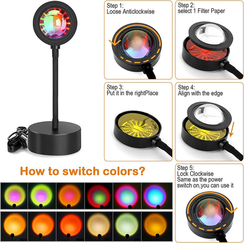 Sunset Lamp Projection 12 Colors in 1 Light 360 Degree Remote Control Brightness Adjustable Rainbow Sunset Sun 12 Effect for Photo Video Bedrooms Vlog Home Party