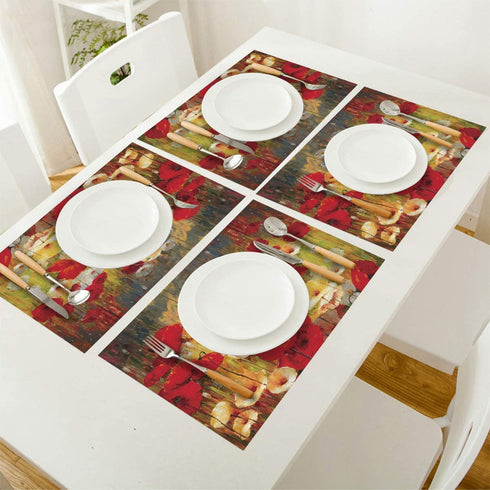 Washable Placemats for Dining Table Set of 4,Retro Poppy Flower Floral Painting Style Red Yellow Pattern Non-Slip Heat Resistant Kitchen Table Mats Farmhouse Placemats