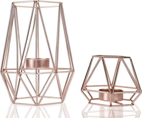 Homtone Metal Wire Tealight Candle Holders Centrepiece for Tables Decor,Gold Geometric Shape Holders for Living Room Bathroom Decorations,Set of 2 (Rose Gold)