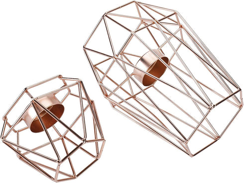Homtone Metal Wire Tealight Candle Holders Centrepiece for Tables Decor,Gold Geometric Shape Holders for Living Room Bathroom Decorations,Set of 2 (Rose Gold)