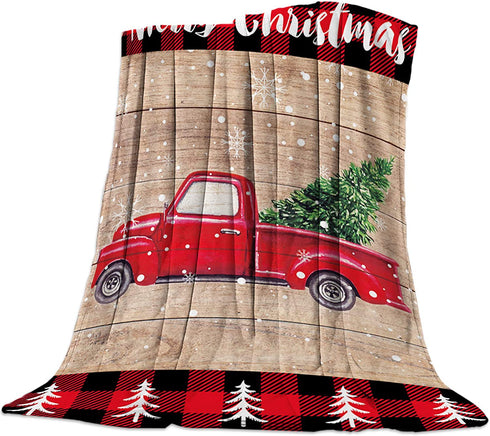 Red Truck with Christmas Tree Flannel Blankets Snowflake Wood Grain Throw Blankets Soft Lightweight Bed Blanket Cozy Microfiber Blanket for Sofa Couch Home Decor 40x50inch