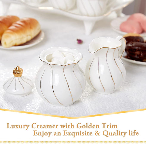 DUJUST White Cream & Sugar Set, Luxury British Design in Golden Trims, 1 Sugar Bowl with Lid (12 OZ), 1 Creamer (8 OZ), Handcrafted Sugar Creamer Set, Decoration for Kitchen