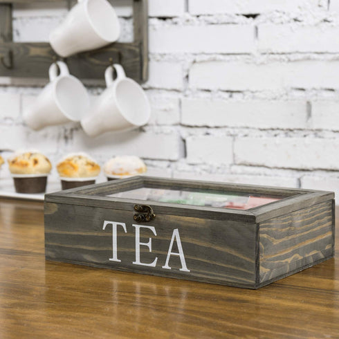 MyGift Vintage Gray Wood Tea Storage Box Organizer with 6 Compartments, Teabags and Condiments Chest with Lid with Latch