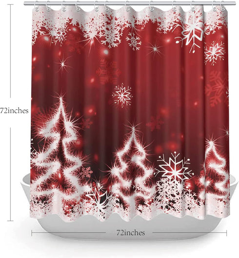 Red Christmas Shower Curtain White Xmas Snowflake Glitter Sparkle Tree Bath Curtain Merry Christmas Eve Home Bathroom Decor Waterproof Fabric Curtains 72x72 inch