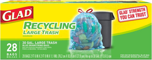 Glad Large Drawstring Recycling Bags - 30 Gallon Blue Trash Bag - 28 Count (Package May Vary) (CXC-212)