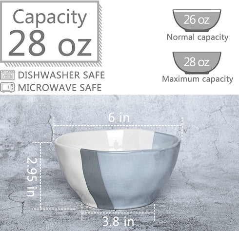 Bosmarlin Ceramic Soup Bowl Set of 4, 28 Oz, Cereal Bowl for Oatmeal, Dishwasher and Microwave Safe, Geometric Pattern (Grey, 6 inches)