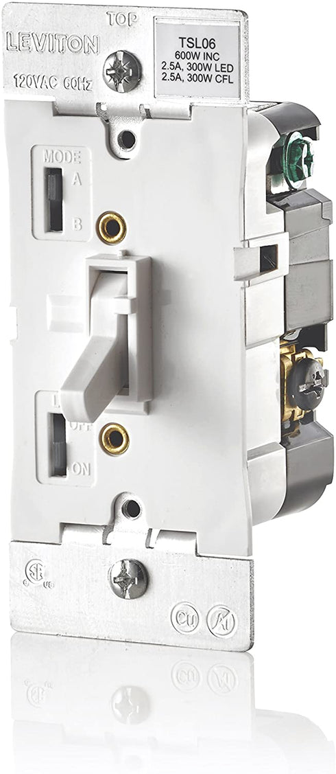 Leviton TSL06-1LW Toggle Slide Universal Dimmer, 300-Watt Dimmable LED and CFL, 600-Watt Incandescent and Halogen for Single Pole or 3-Way, with Locator Light, 1-Pack, White