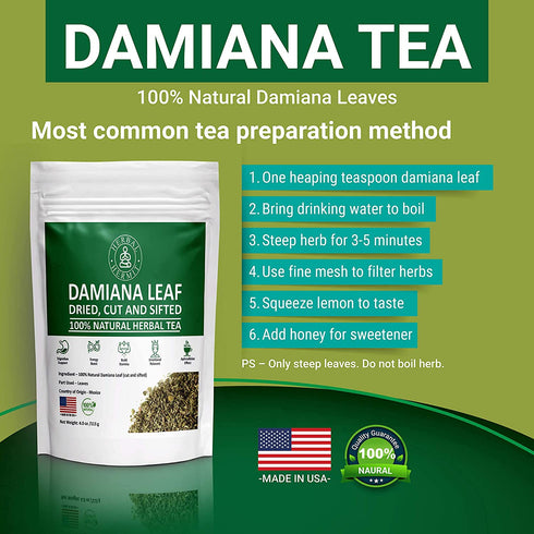 Damiana Herb Leaf Tea for Women, Men | Loose Leaf, Dried, Cut and Sifted for Adrenal Support| 4oz / 114 Grams| Made in USA