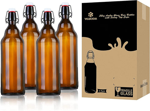YEBODA 32 oz Amber Glass Beer Bottles for Home Brewing with Flip Caps, Case of 4
