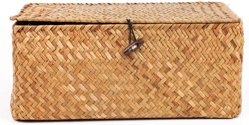 Yesland Handwoven Seagrass Rattan Storage Basket - 11.5'' x 7.5'' x 5'' - Brown Rectangular Makeup Organizer / Container with Lid, Perfect for Decoration, Picnic, Groceries and Toy Storage