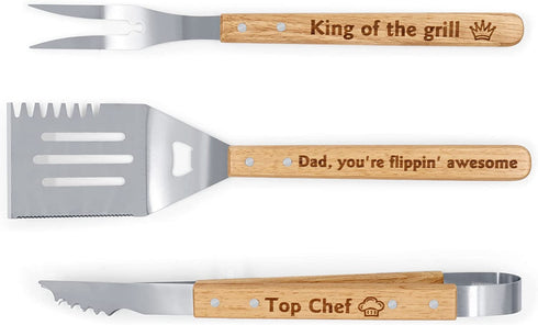 BBQ Grill Set Gift for Dad Engraved King of The Grill Summer Barbecue Christmas Housewarming Gift Set of 3