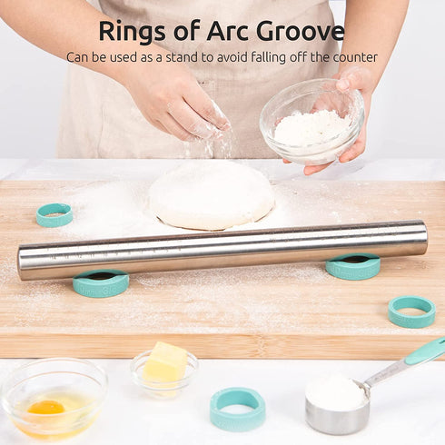 U-Taste 18/8 Stainless Steel 16 inch Adjustable Rolling Pin with Silicone Removable Thickness Rings, Nonstick Kitchen Roller Pin for Baking Cookies Pastry Pizza Pasta Dough Fondant (Teal/Aqua Sky)