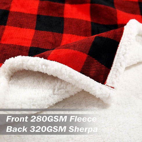Bobor Buffalo Plaid Throw Blanket for Couch Bed, Sherpa Fleece Red Black Checker Plaid Pattern Decorative Throw Blanket, Super Soft Comfortable Lightweight Fuzzy Blanket