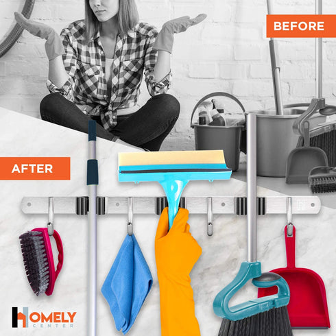 Mop and Broom Holder Wall Mount Heavy Duty - Metal Broom and Mop Holder Wall Mount - Broom Organizer Wall Mount for Kitchen Closet Garage Garden Tool - 3 Broom Hanger Positions with 4 Broom Rack Hooks