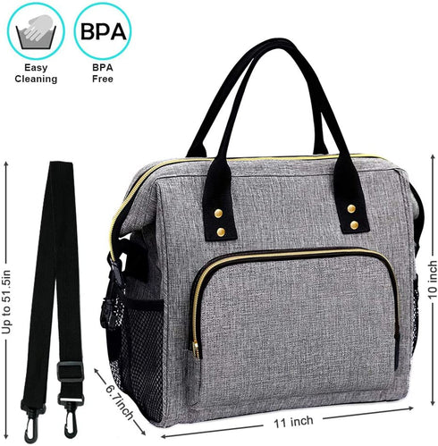 Lunch Bags for Women Insulated, Lunch Cooler Bag for Work, Leak Proof Large Lunch Tote Bag, Lunch Bag with Adjustable Shoulder Strap for School/Office/Picnic/Fishing/Beach(Grey)