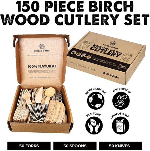 Breezy Green Disposable Wooden Cutlery- 150 Set, Eco-Friendly and Biodegradable Utensils, Dinner Flatware, Weddings, Party, 50 Spoons, Knives, Forks