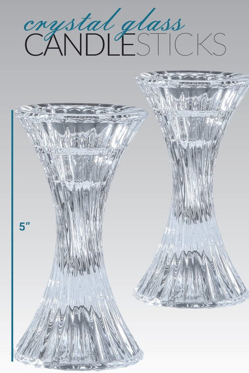 Round Base Crystal Candlesticks - 2 Pack Set - Pair of 5 Inch Pinched Fluted Cylinder Design Candle Holders - by Ner Mitzvah
